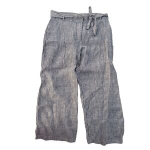 Adagio Navy Blue White Striped 100% Linen Wide Leg Tie Waist Pant 12 Beachy Chic